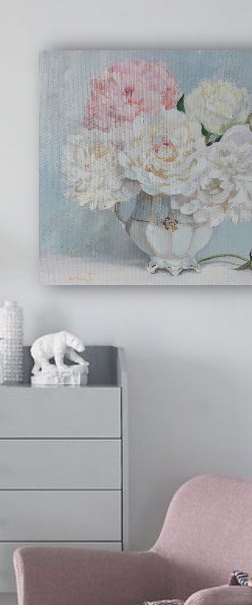 Peonies Acrylic Painting Neutral Wall Art by Anna Silabrama