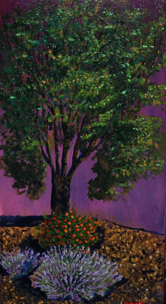 Purple Bush, Orange Bush, Green Tree
