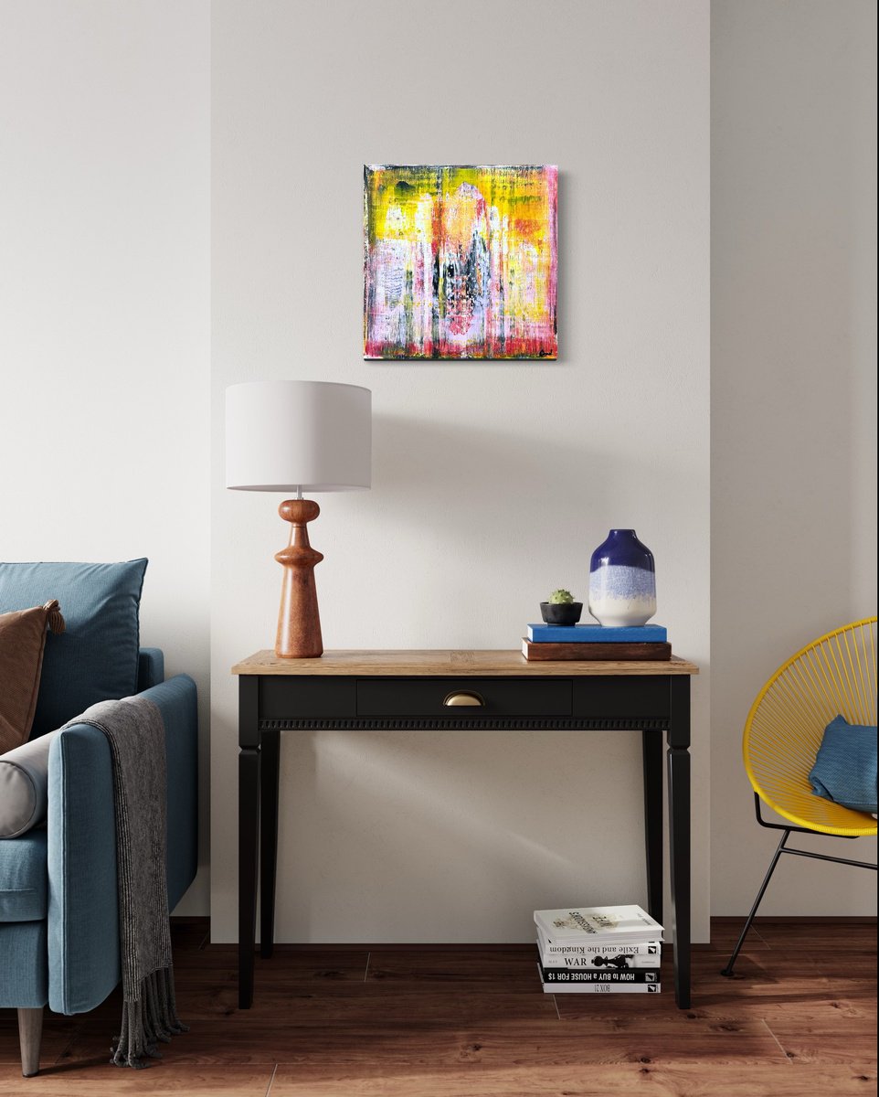 Expressive Abstract Acrylic Painting By Maria Esmar, 20 X 20", Sunset And Lemonade, Original Artwork