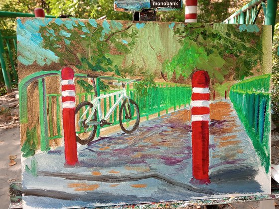 Bicycle on the bridge in the park. Pleinair painting