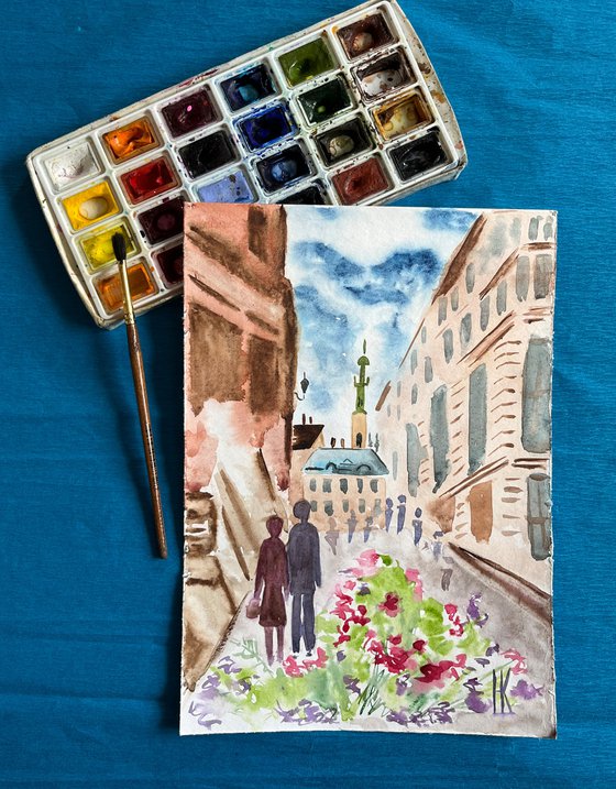 Lviv Painting Couple Original Art Ukraine Small Watercolor Cityscape Artwork 8 by 12 inches by Halyna Kirichenko