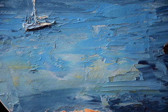 Round oil painting with palette knife Mediterranean Sea