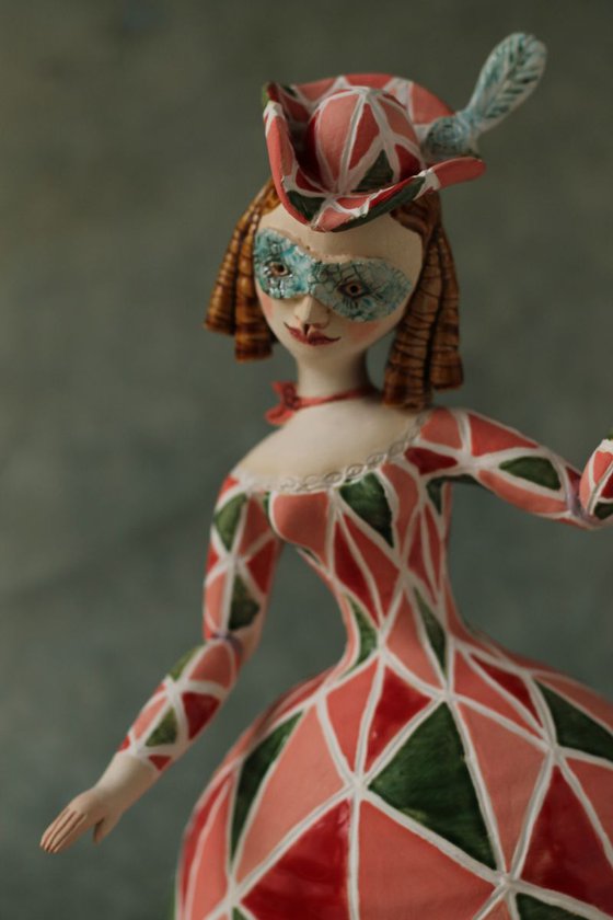 Ballerina in harlequine dress, Bell-doll, wall sculpture by Elya Yalonetski