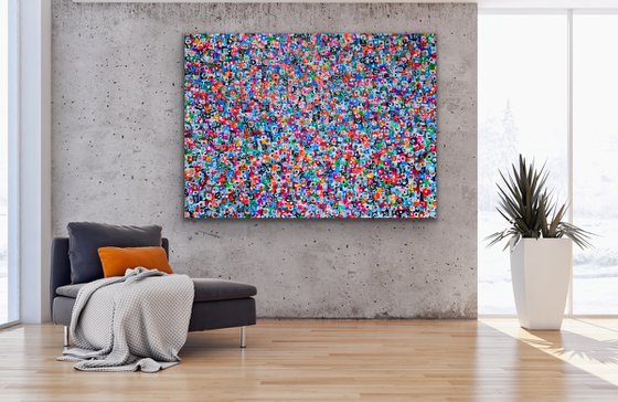 51''x 69''(130 x 175 cm), Life in Colors 38, blue, pink, cream, green black, neon huge pop art bright colors canvas art  - xxxl art - abstract art painting- extra large art