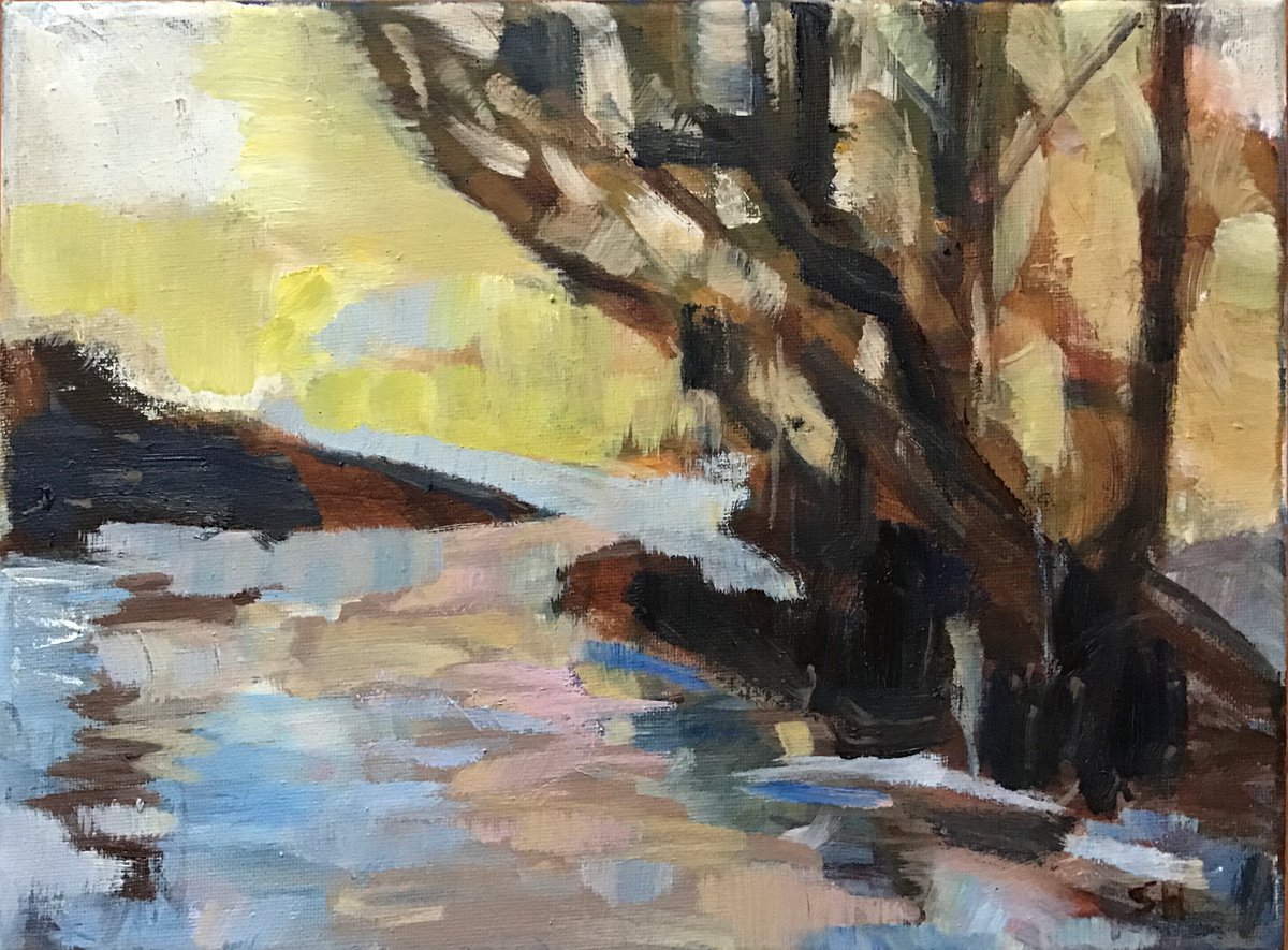 Abstract Landscape Oil Painting By Sandra Haney, 12 X 9", Winter Walk, Original Artwork