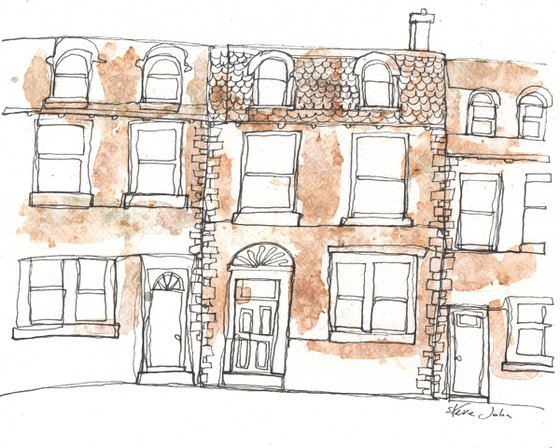 Terraced houses with brown wash. Continuous Line Artwork