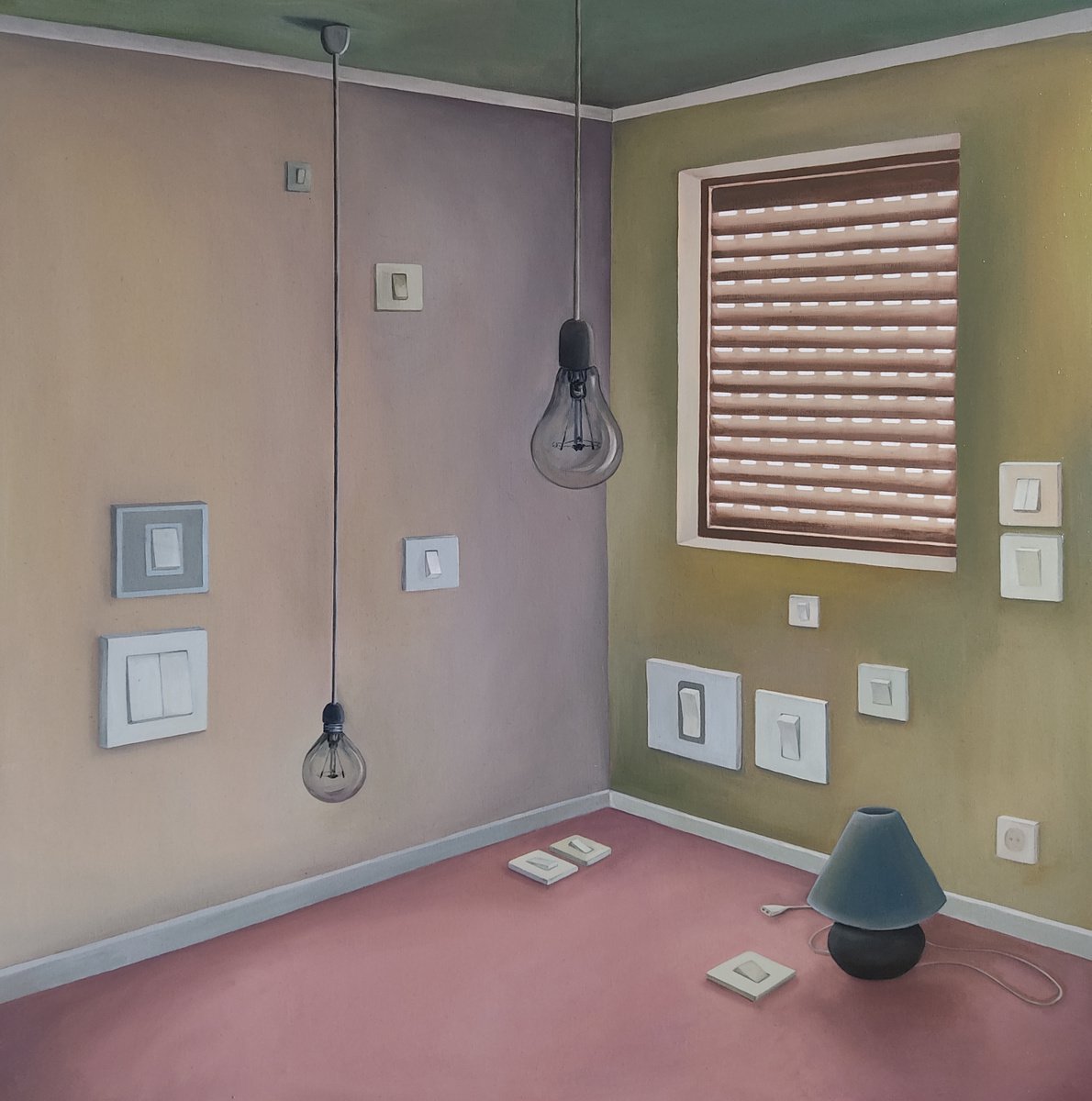 Surrealistic Cityscapes Oil Painting By Andromachi Giannopoulou, 39 X 39, Dark Room, Original Artwork