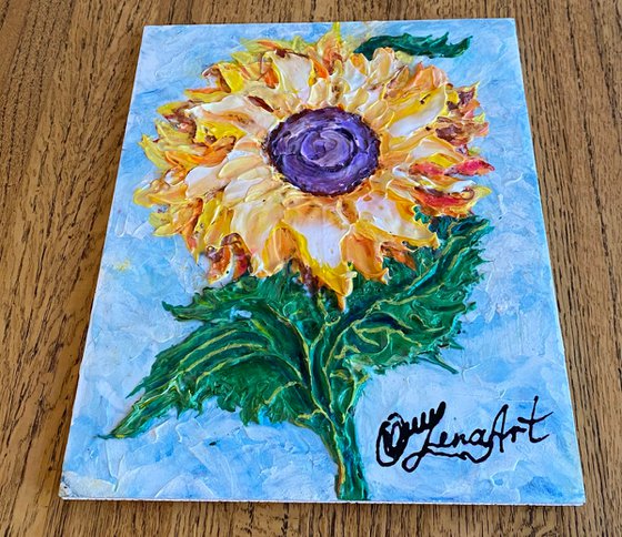 This Sunflower - palette knife is on 10" x 8" on Gator board.