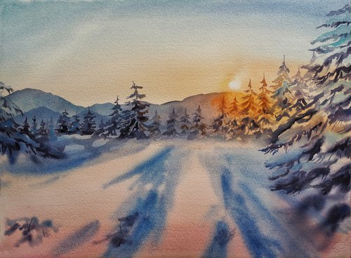 Snowy forest at sunset by Delnara El