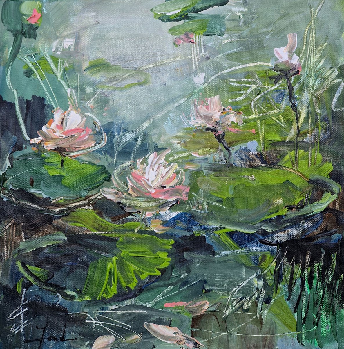 Impressionistic Botanical Acrylic Painting By Irina Laube, 12 X 12, A Little Lily Pond I, Original Artwork