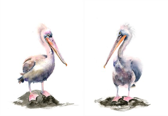 Set of 2 Pelicans  - Original Watercolor Paintings