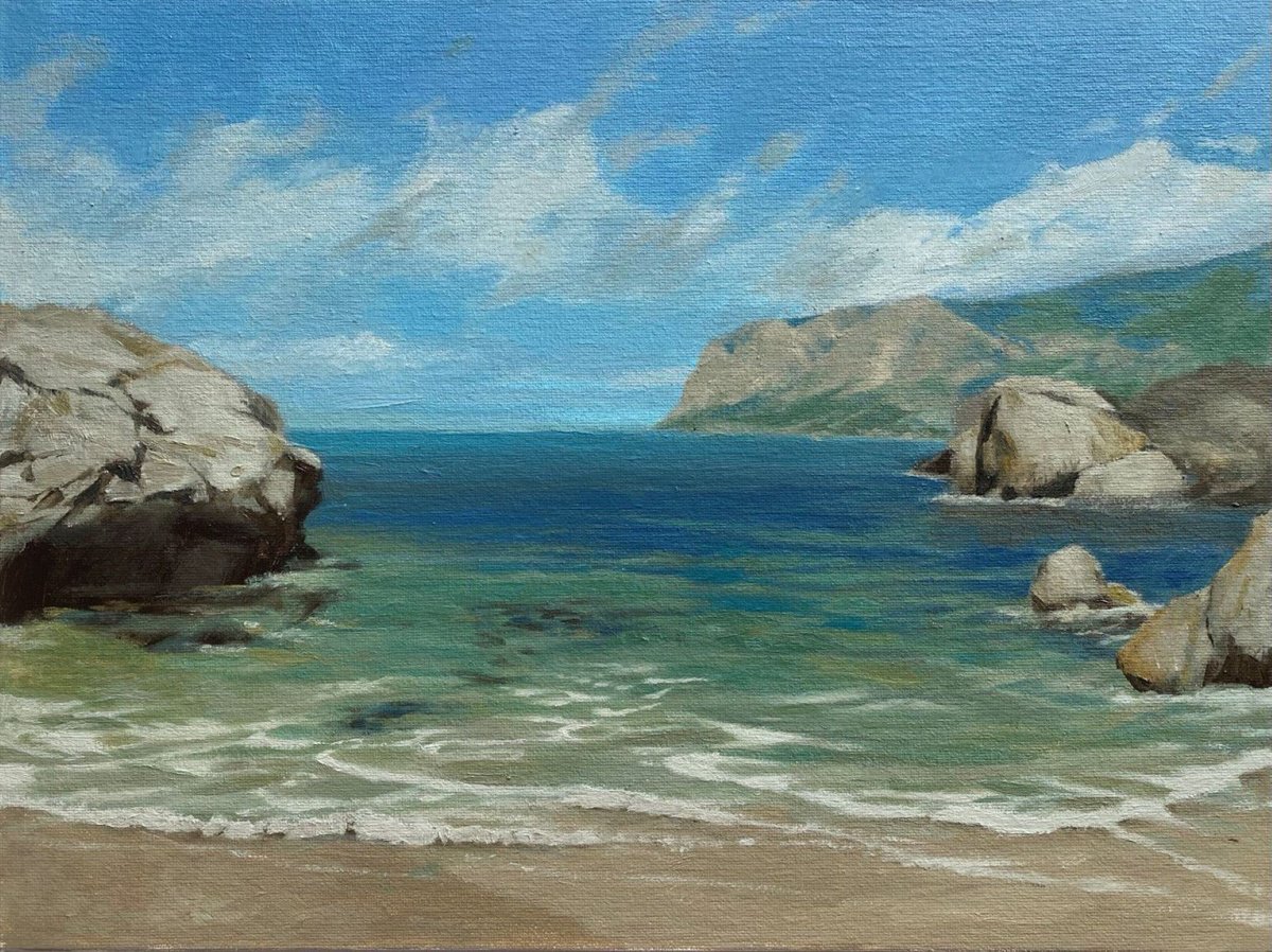 Impressionistic Landscape Oil Painting By Bohdan Vykhrenko, 16 X 12, Rocky Shore, Original Artwork
