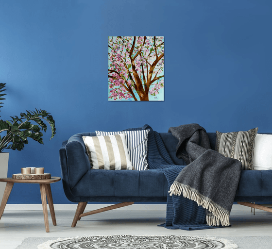 Apple blossom , spring in London pink, white, turquoise 61x71cm ready to hang oil painting