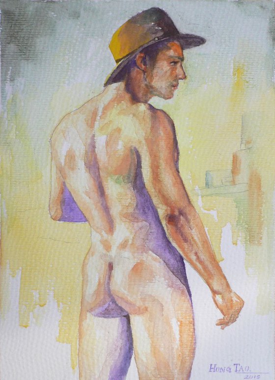 original art watercolour painting  cowboy of male nude on paper #16-4-25-01