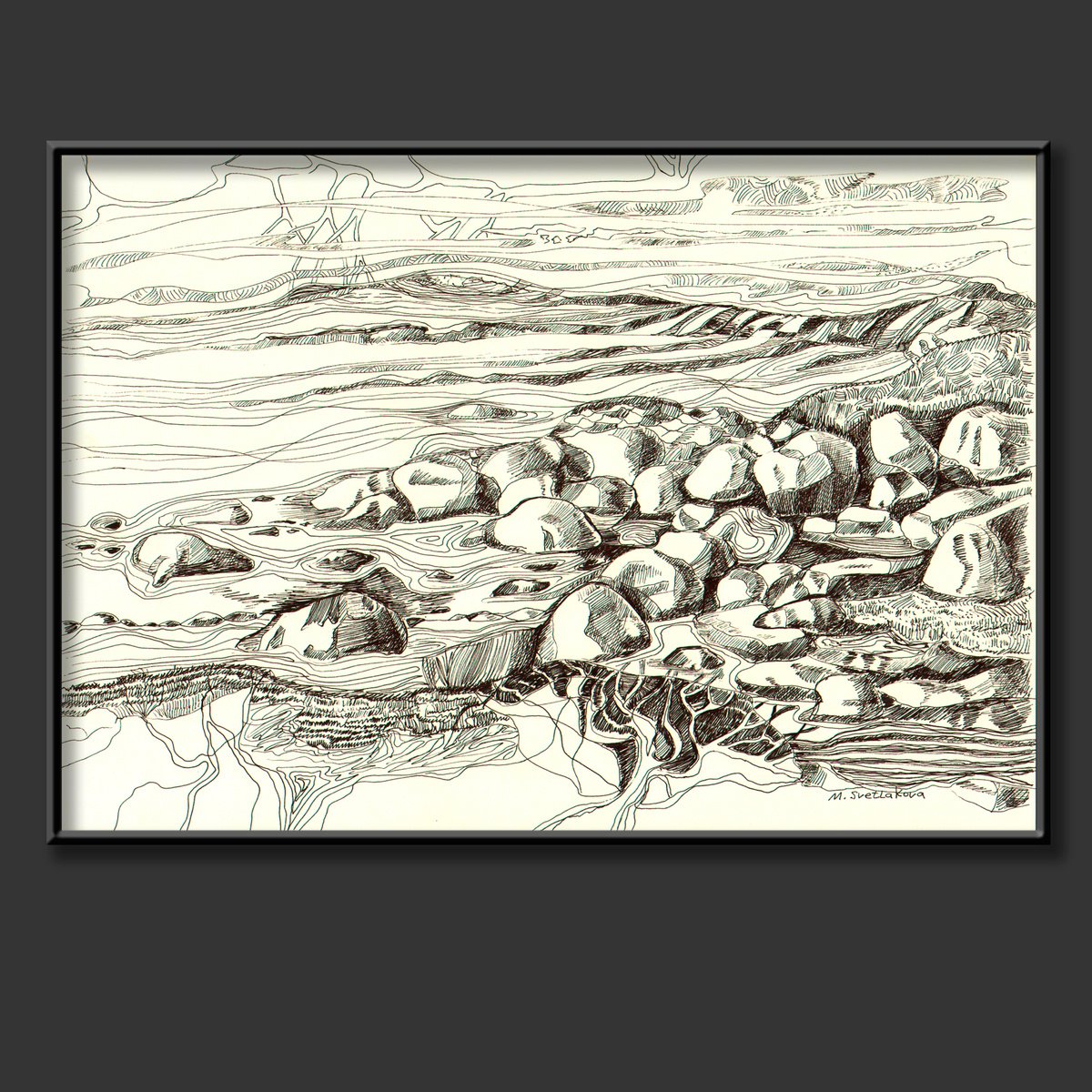 Ink drawing black and bone abstract seascape Stones by Maria Svetlakova
