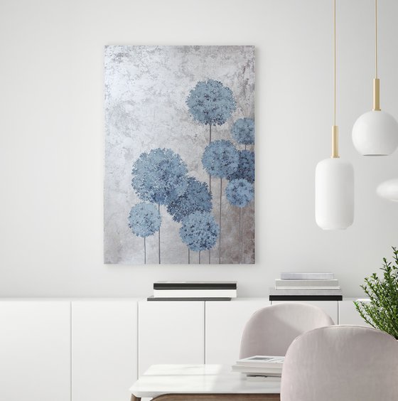 "Flower Balls" Blue silver flowers abstract