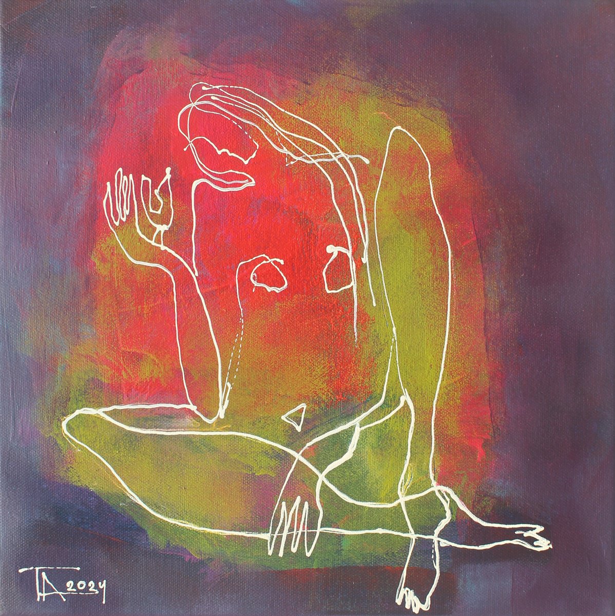 Expressive Portrait Acrylic Painting By Tatjana Auschew, 12 X 12", Tell Me Something Nice..., Original Artwork