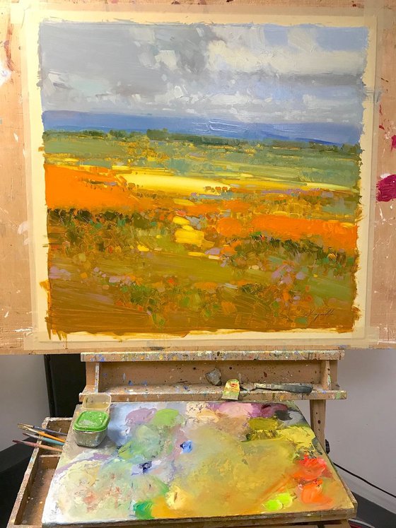 Field of Yellow Flowers, Original oil painting, One of a kind Signed