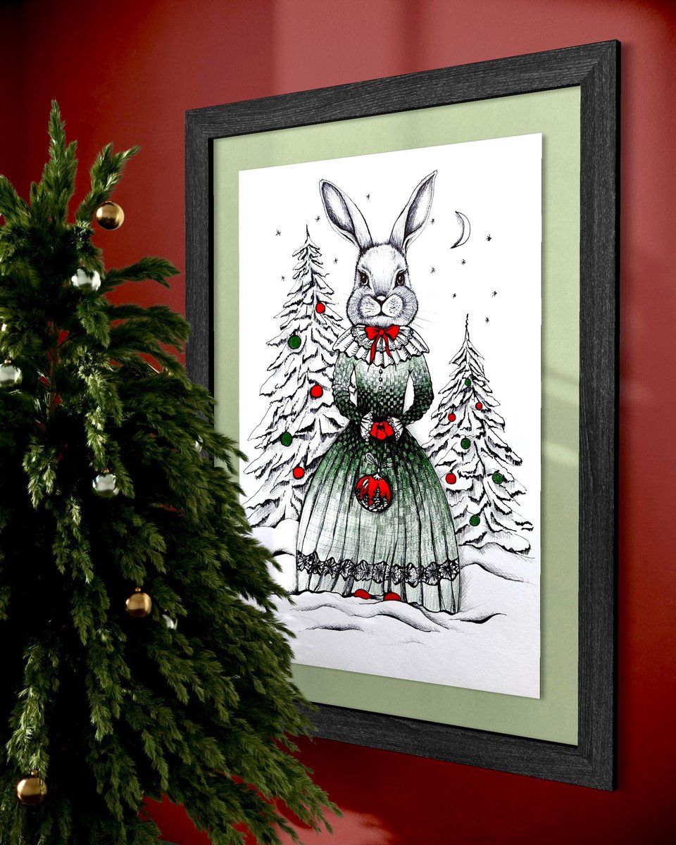 Animal Ink Drawing By Maria Tuzhilkina, 11 X 17", Christmas Lady Bunny, Original Artwork