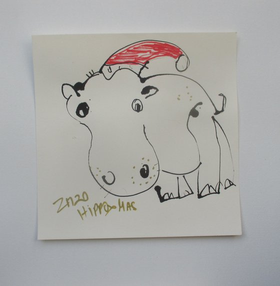 crazy christmas hippo 8 x 8 inch unique mixedmedia drawing