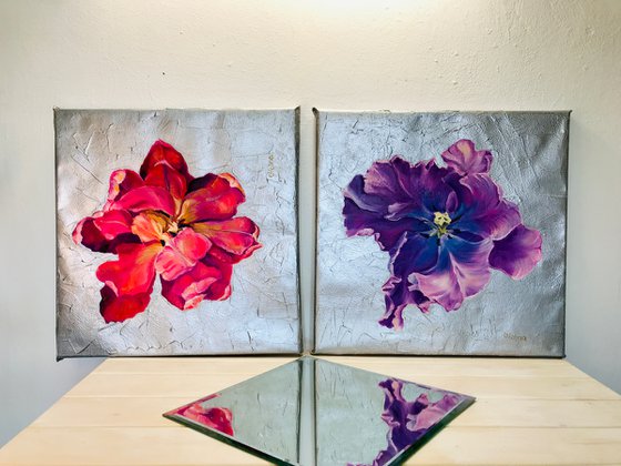 set of 2 flowers oil artworks, purple pink flower, violet gallery wall art, small original oil art on canvas, floral wall decor