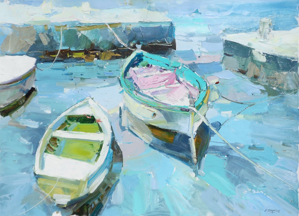 Impressionistic Landscape Oil Painting By Yehor Dulin, 31 X 24", " Boats ", Original Artwork