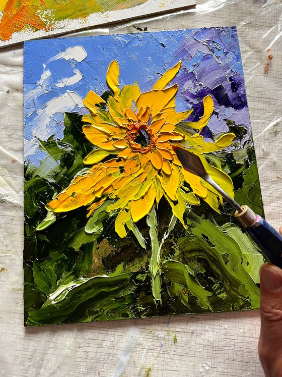 Sunflower Painting Floral Original Art Flower Small Oil Impasto Palette Knife Artwork 8 by 10 inches