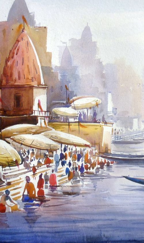 Varanasi Ghat at Morning-Watercolor on Paper by Samiran Sarkar