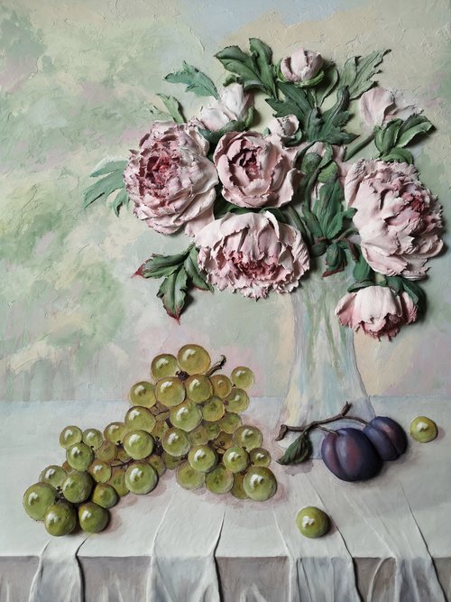 Still life with grapes and peonies - Fresh cut flowers and ripe fruit are always on your table, 70x50x6 cm depts by Irina Stepanova