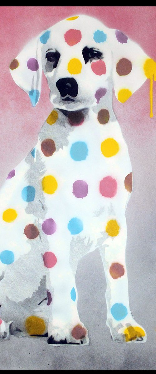 Damien's dotty, spotty, puppy dawg (pink on The Daily Telegraph) + free poem. by Juan Sly