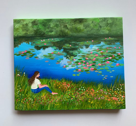 Girl by the pond !!  Ready to hang painting!! Floral landscape