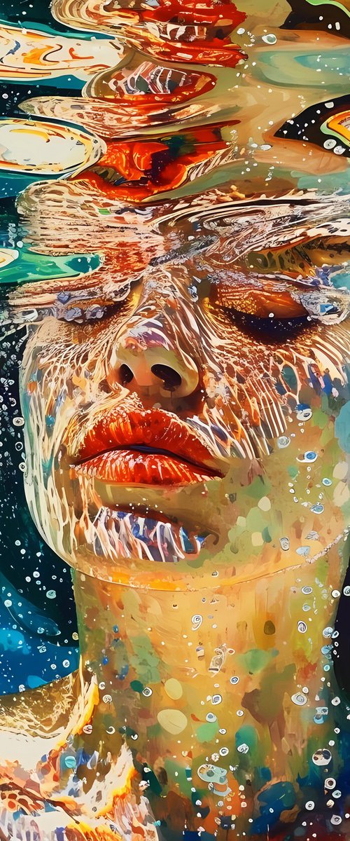 Woman under water in the swimming pool, sea, ocean with blue green turquoise color waves with bright sun glares. Impressionistic artwork with female face portrait. Positive relax holiday colorful wall art home decor. Art Gift by BAST