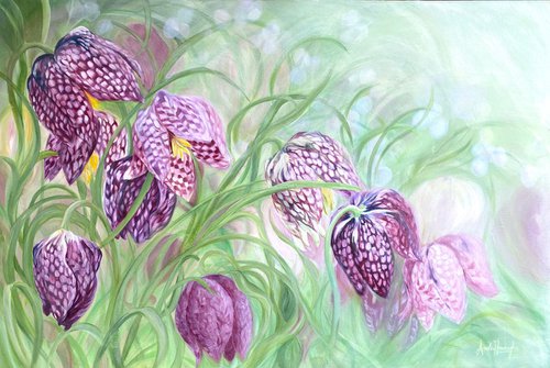 'Revivify'- Snakes Head Fritillary flower Painting by Anita Nowinska