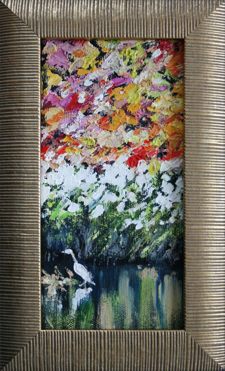 White Heron... framed /  ORIGINAL OIL PAINTING by Salana Art Gallery