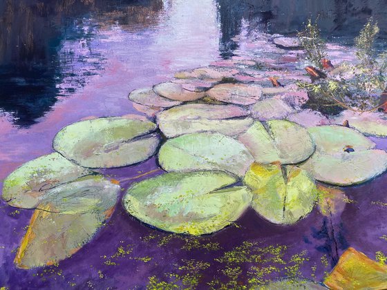 'Water Lilies III' Impressionistic Impasto Large Oil painting