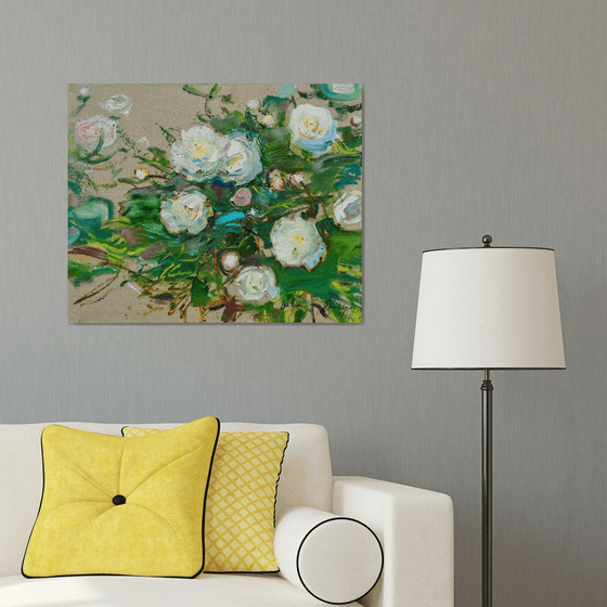 White peonies on linen background