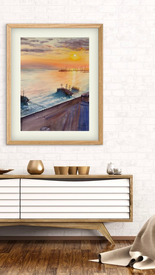 Serene Sunset over a Seaside Town by Oleksandra Padushyna