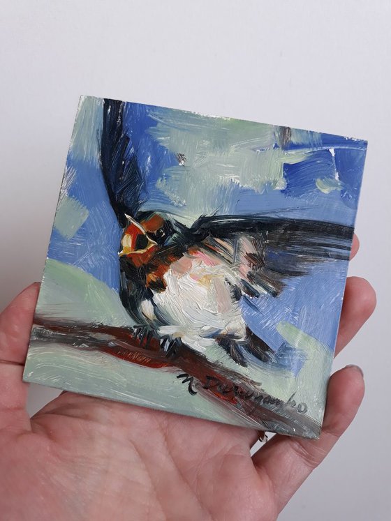 Swallow bird yellow blind original miniature painting in frame