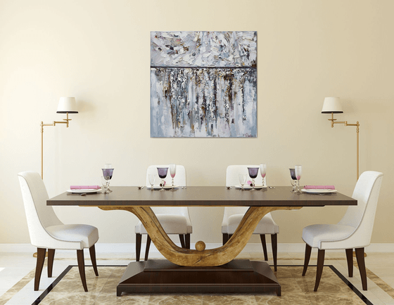 "Snow" white textured abstract Painting - 90 x 90 cm - Original oil painting