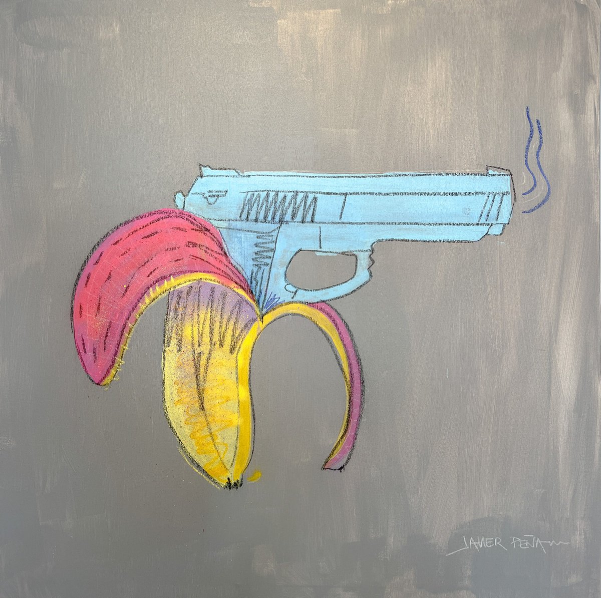 Banana POP Mixed Media on Canvas 100x100cm (2023) by Javier Pena