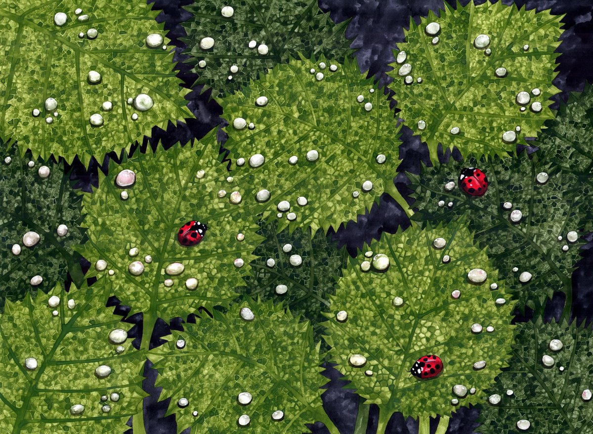 Illustrative Botanical Painting By Terri Smith, 30 X 39", Ladybug Leaves (Large), Original Artwork