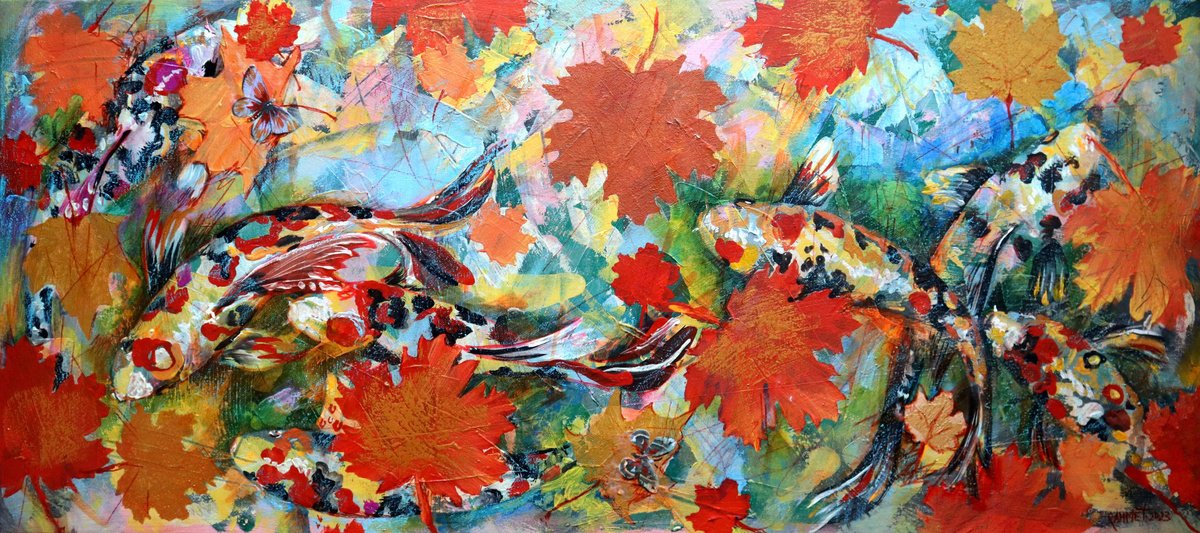 Impressionistic Animal Acrylic Painting By Rakhmet Redzhepov, 31 X 14", Koi Fish., Original Artwork