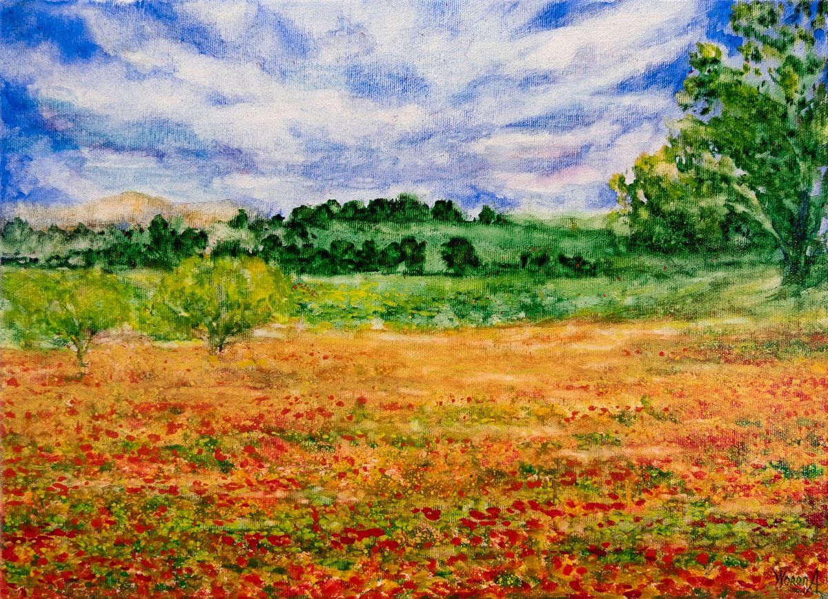 Impressionistic Landscape Watercolour By Anastasia Woron, 13 X 9, Landscape With Poppies., Original Artwork