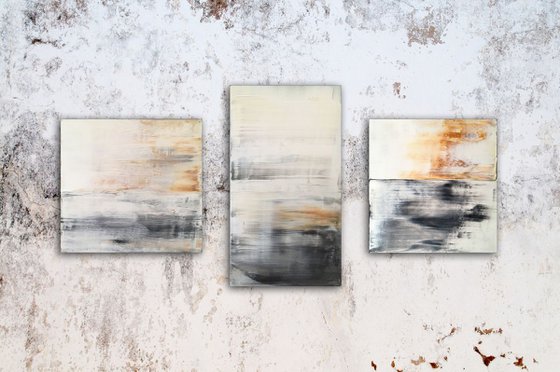 "Neutralized" - Original PMS Abstract Triptych Acrylic Paintings On Reclaimed Wood - 37" x 19"