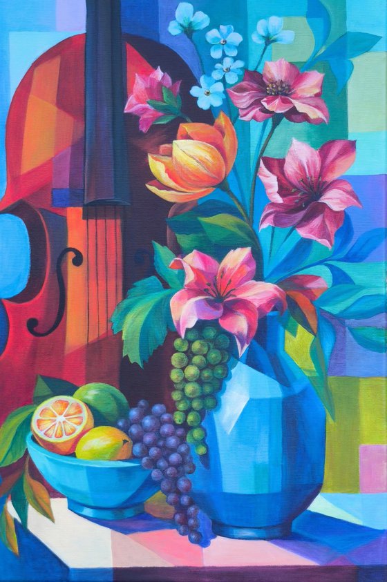 Colorful Floral Still Life with Cello