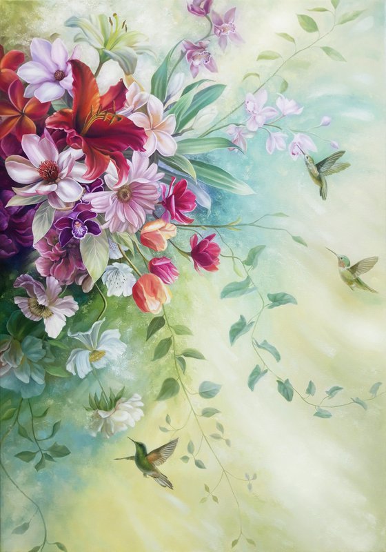 "Magic of the Spring", flowers with birds