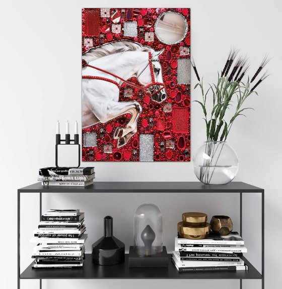 Decisive leap. A white racehorse