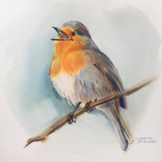 Robin bird. Painting with a bird. Painting for her