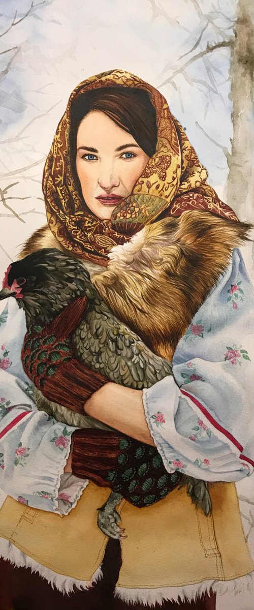 Girl in national clothes with a chicken in her hands by Kakajan Charyyev