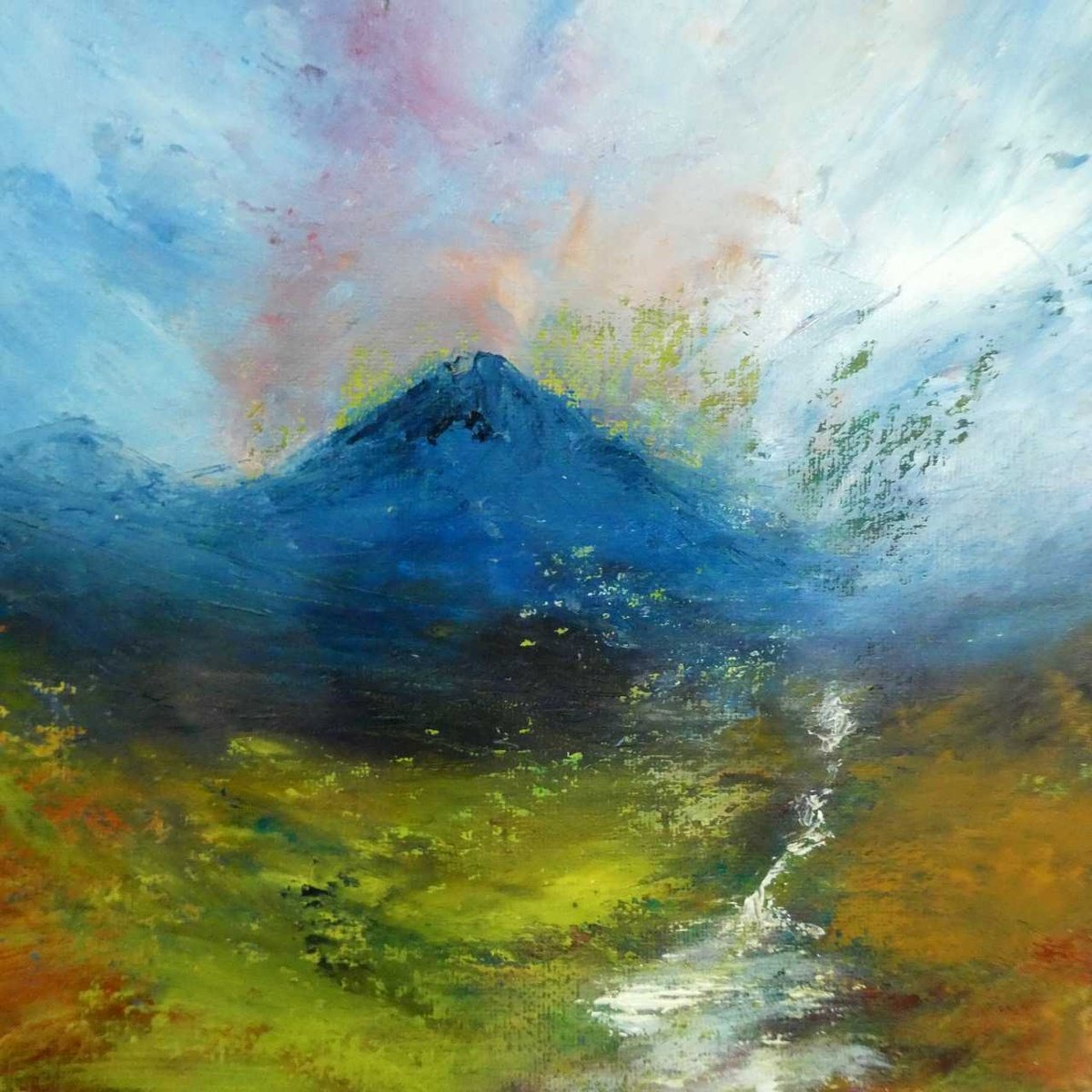 Impressionistic Landscape Acrylic Painting By Oconnart, 10 X 10", Mountain Falls Landscape, Original Artwork